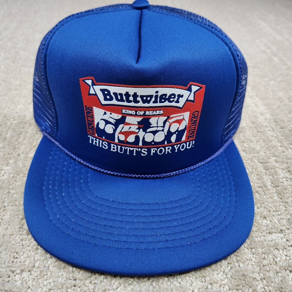 Vintage Buttwiser King of Rears Trucker Hat Blue Mesh Snapback Novelty Beer Cap